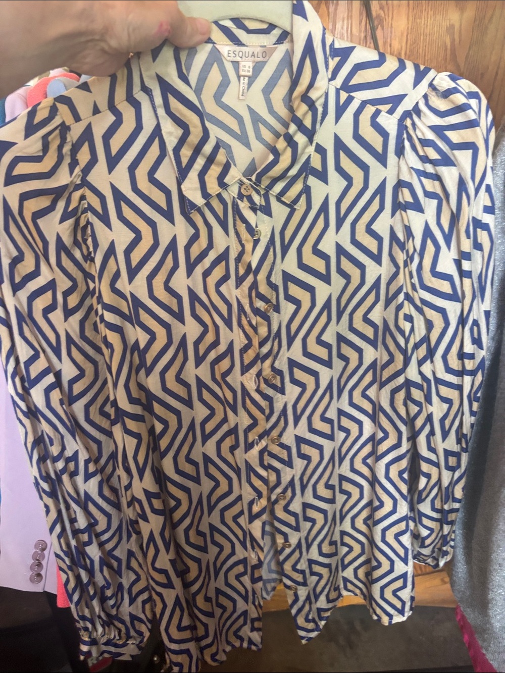 ESQUALO Blue & Cream Geometric Button-Up Blouse